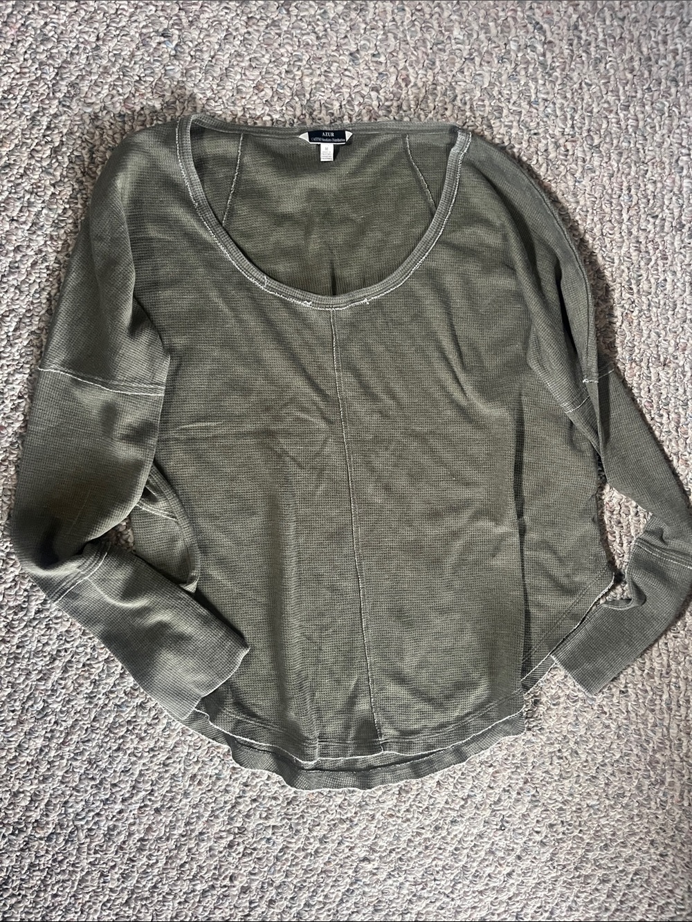 Azur Olive Green Waffle Knit Long Sleeve Scoop Top
